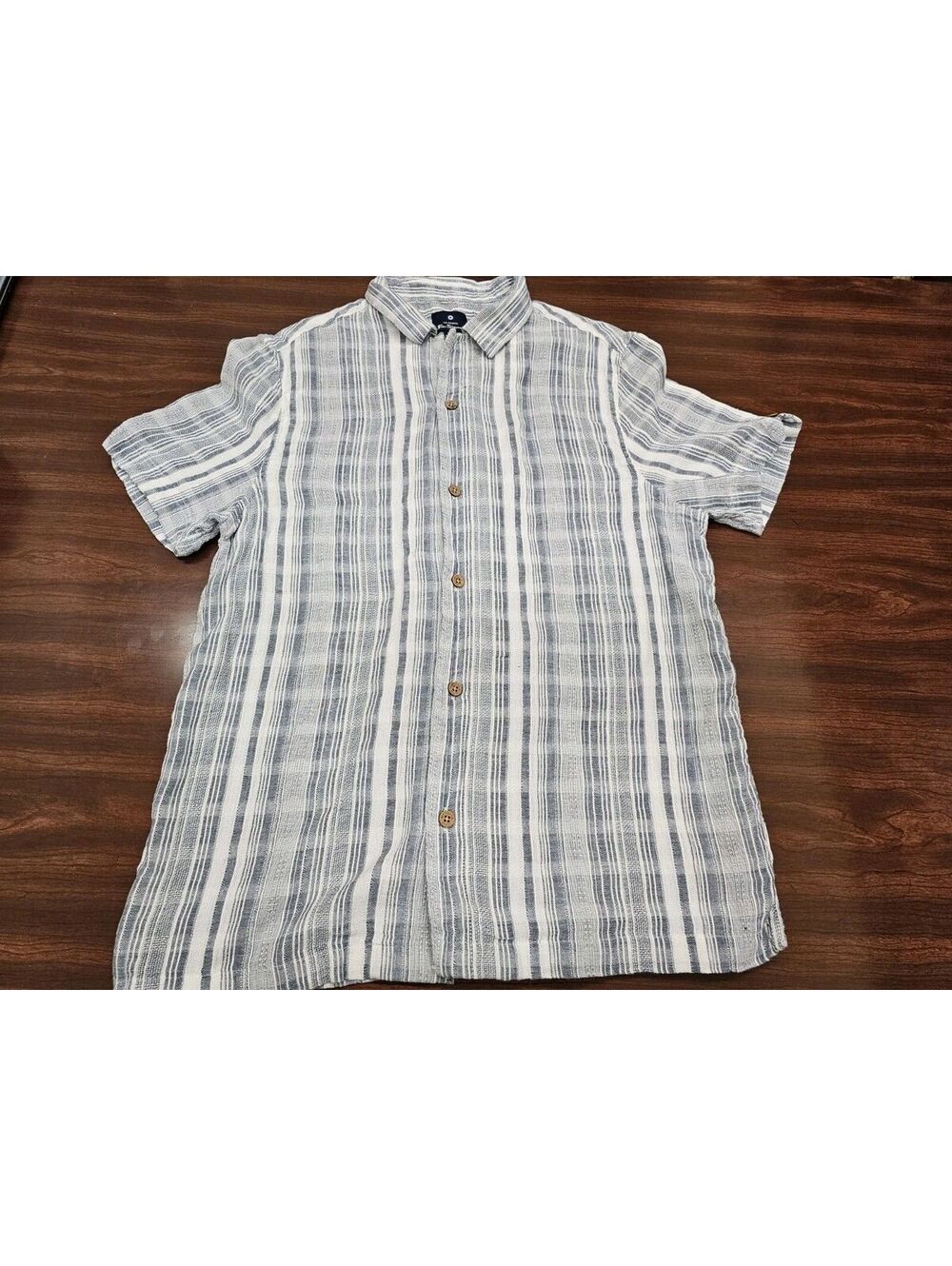 Ben Sherman Mens Medium Short Sleeve Blue White Striped 100% Cotton Button Down
